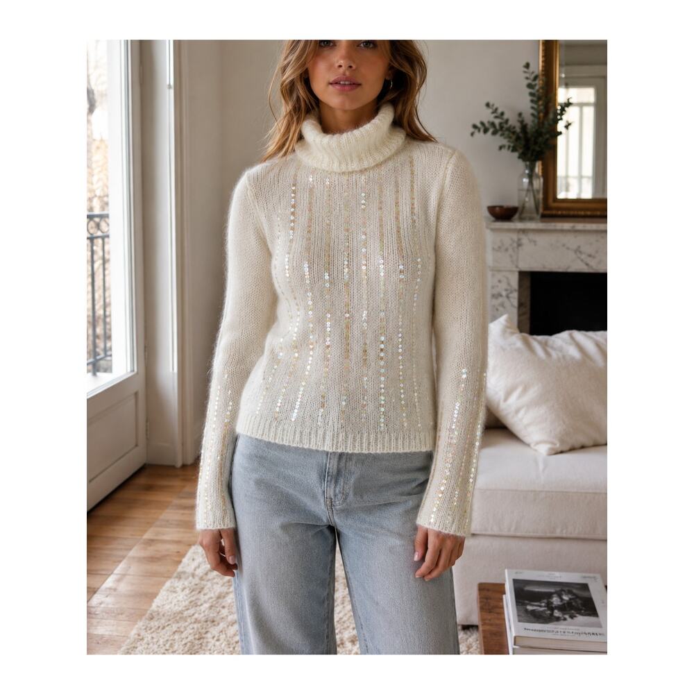 Moda International Mohair Y2K Sweater Womens Small Ivory Sequin Soft Vintage
